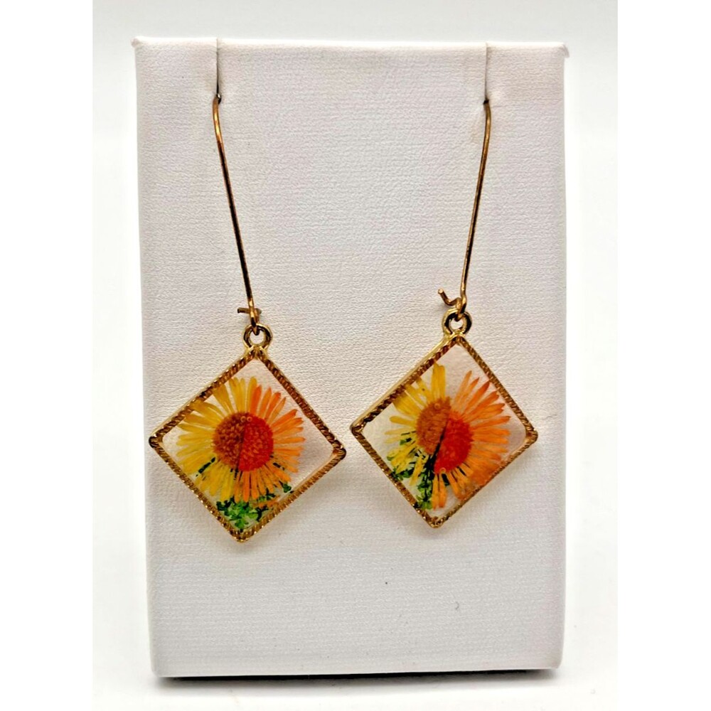 Pressed Flower Resin Earrings Flower Diamond Shape Wire Hooks Cottagecore